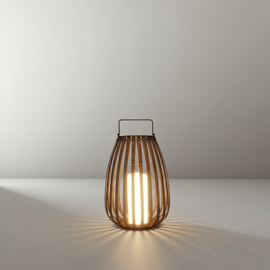 studio shot of rattan outdoor garden lamp front view