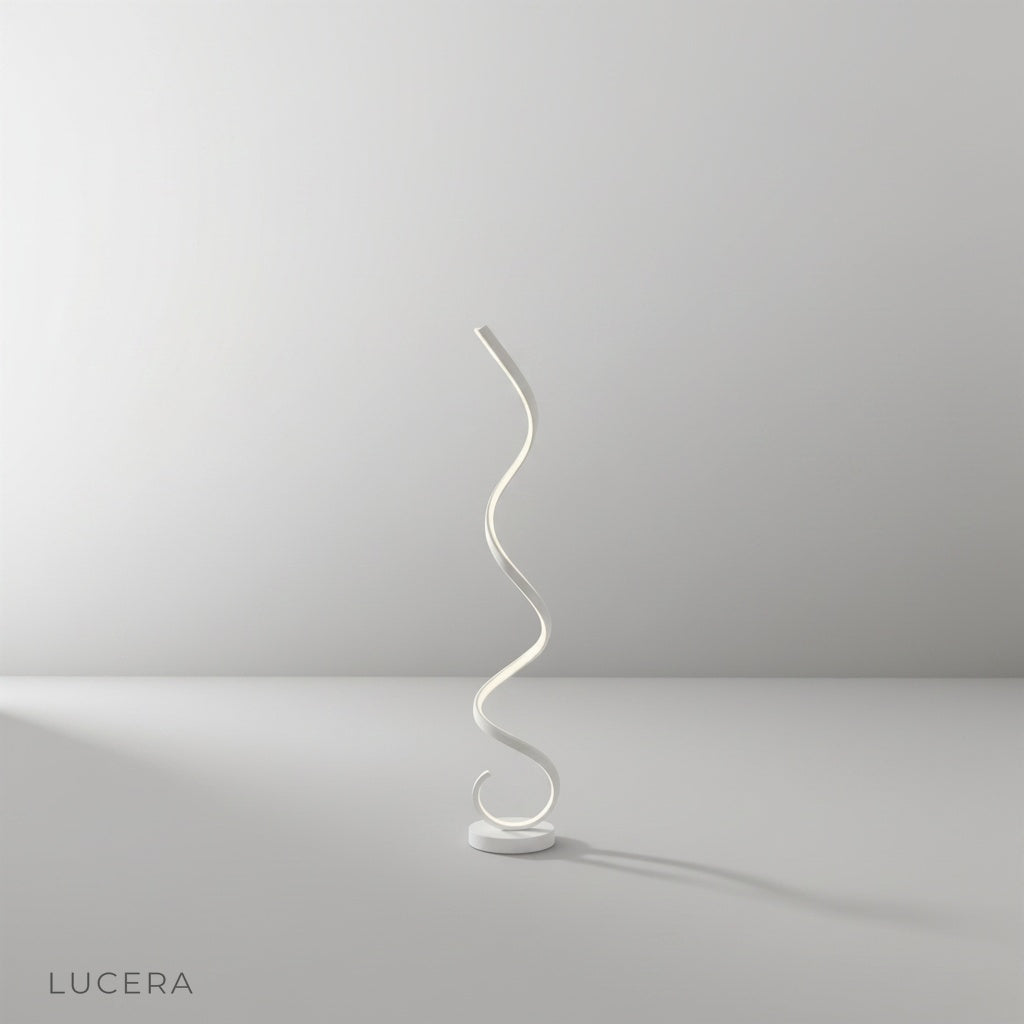 Lucera Pulse Floor Lamp spiral chrome body studio shot on clean white background