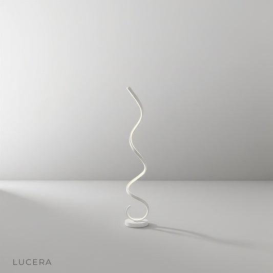 Lucera Pulse Floor Lamp spiral chrome body studio shot on clean white background