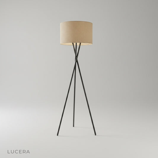 Studio shot of Venus Floor Lamp with fabric shade and iron frame on clean background