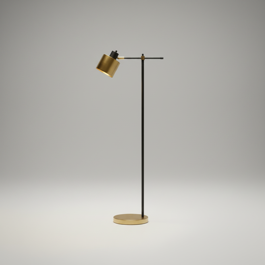 Studio shot of Lume Floor Lamp with slender iron frame and cylindrical shade