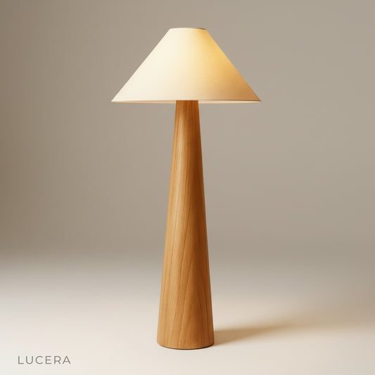 studio shot of Lucera floor lamp with beige fabric lampshade on clean background