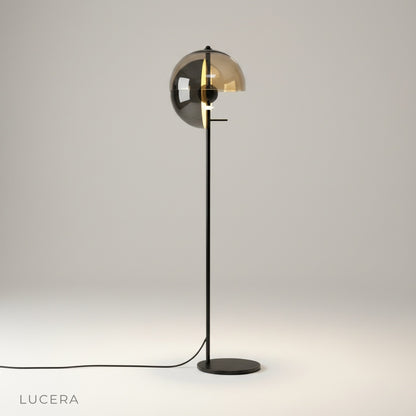 Studio shot of Oubliette Floor Lamp with lacquered iron and smoked glass shades