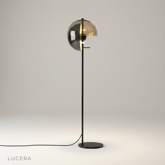 Studio shot of Oubliette Floor Lamp with lacquered iron and smoked glass shades