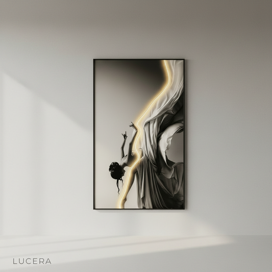 studio shot of illuminated ballerina art lamp on clean white wall