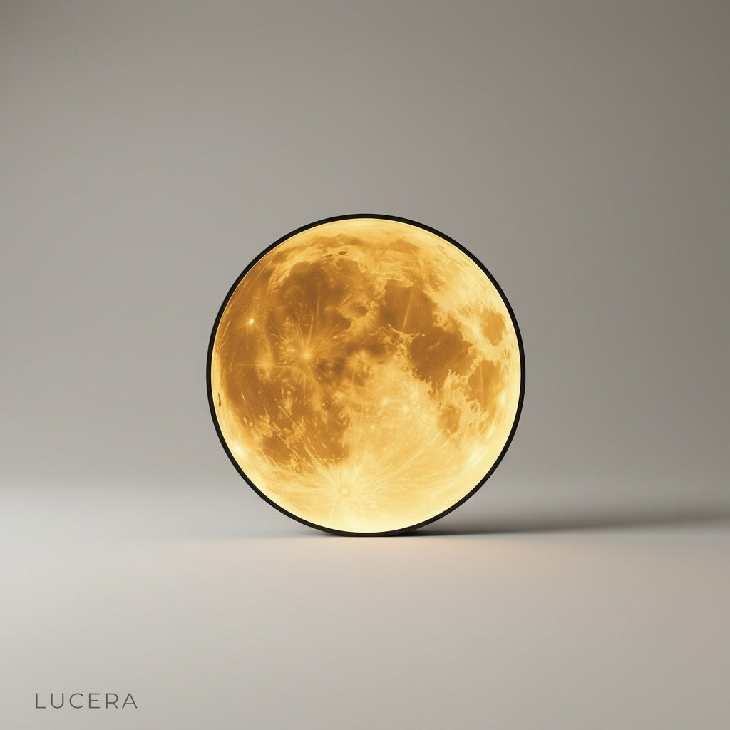 Caspian Moon Wall Lamp illuminated art in a dark hallway creating a celestial night sky effect