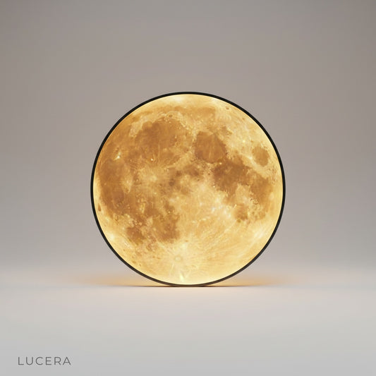 Caspian Moon Wall Lamp studio shot front view showing backlit LED moon and earth design