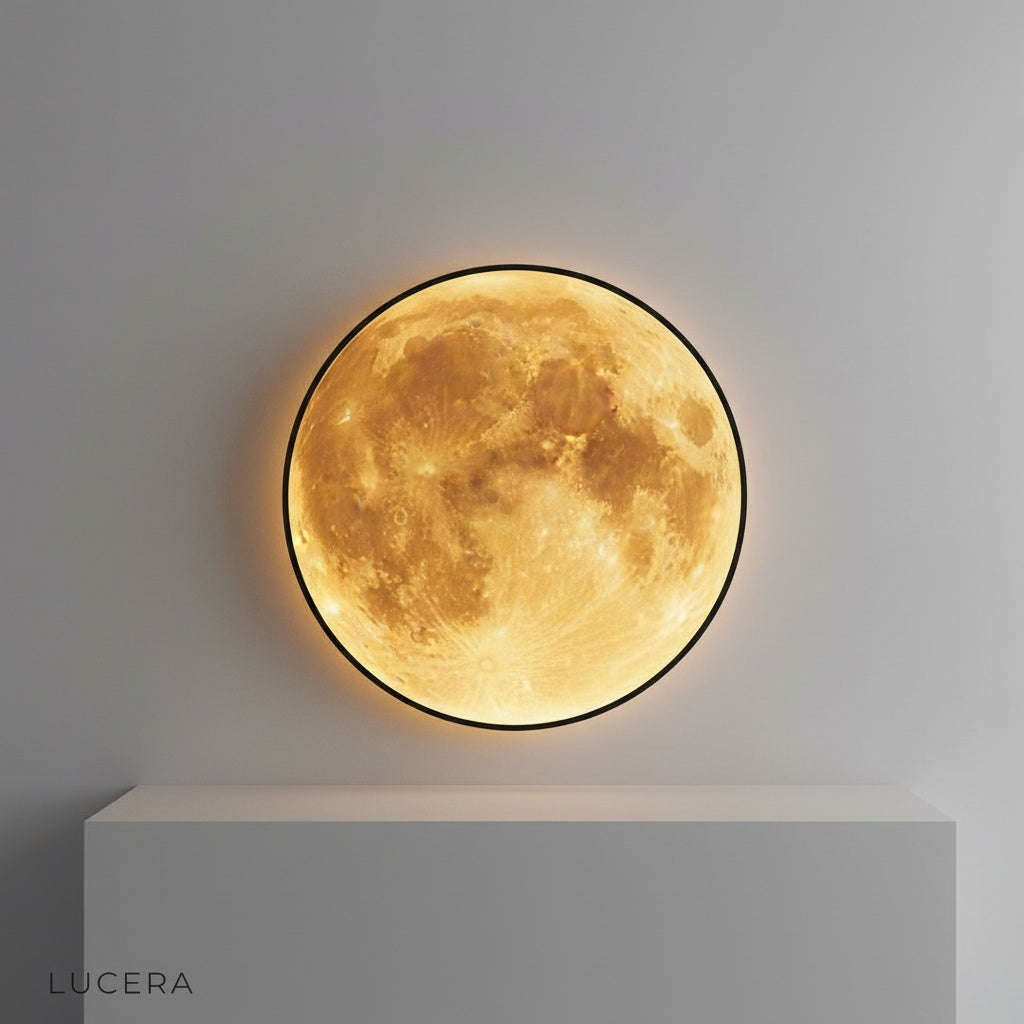 Caspian Moon Wall Lamp close-up detail of craters, continents, and oceans on the illuminated surface
