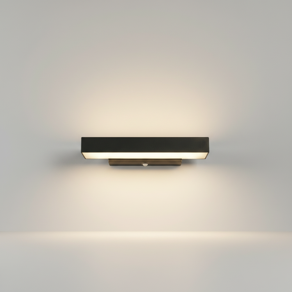 studio shot of sleek rectangular Jolanda wall light with frosted glass panel against white background