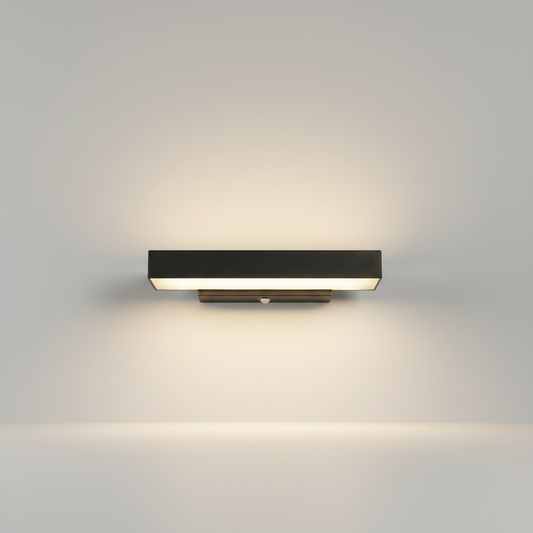 studio shot of sleek rectangular Jolanda wall light with frosted glass panel against white background