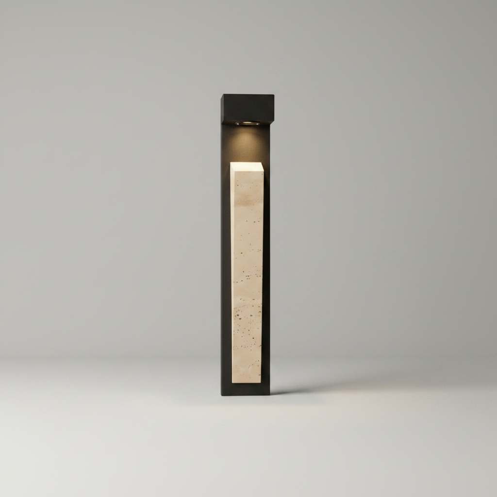 Elisk wall lamp studio shot front view with slim metal frame and natural travertine