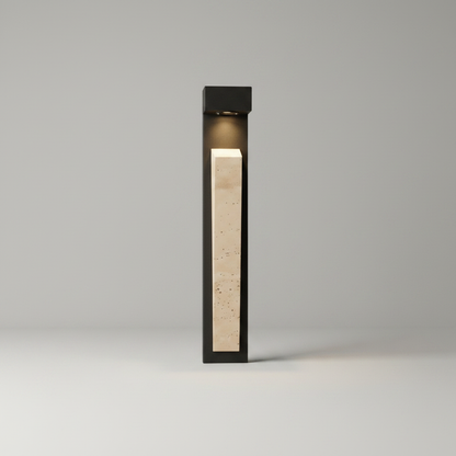 Elisk wall lamp studio shot front view with slim metal frame and natural travertine