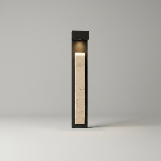 Elisk wall lamp studio shot front view with slim metal frame and natural travertine