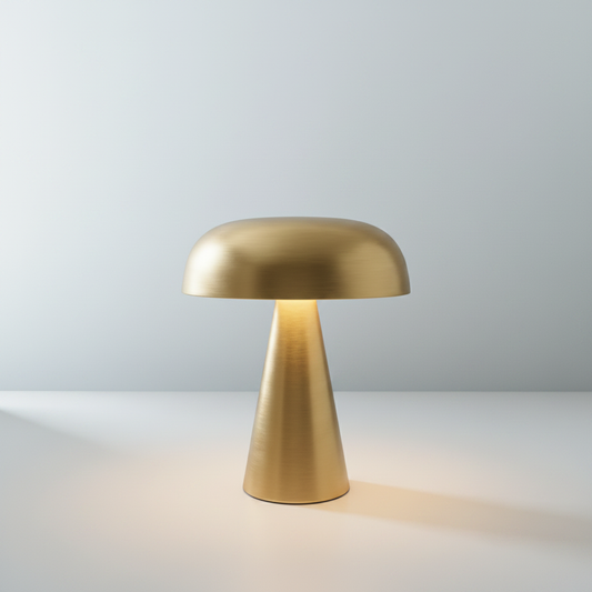 studio shot of matte gold Nenia table lamp on neutral background