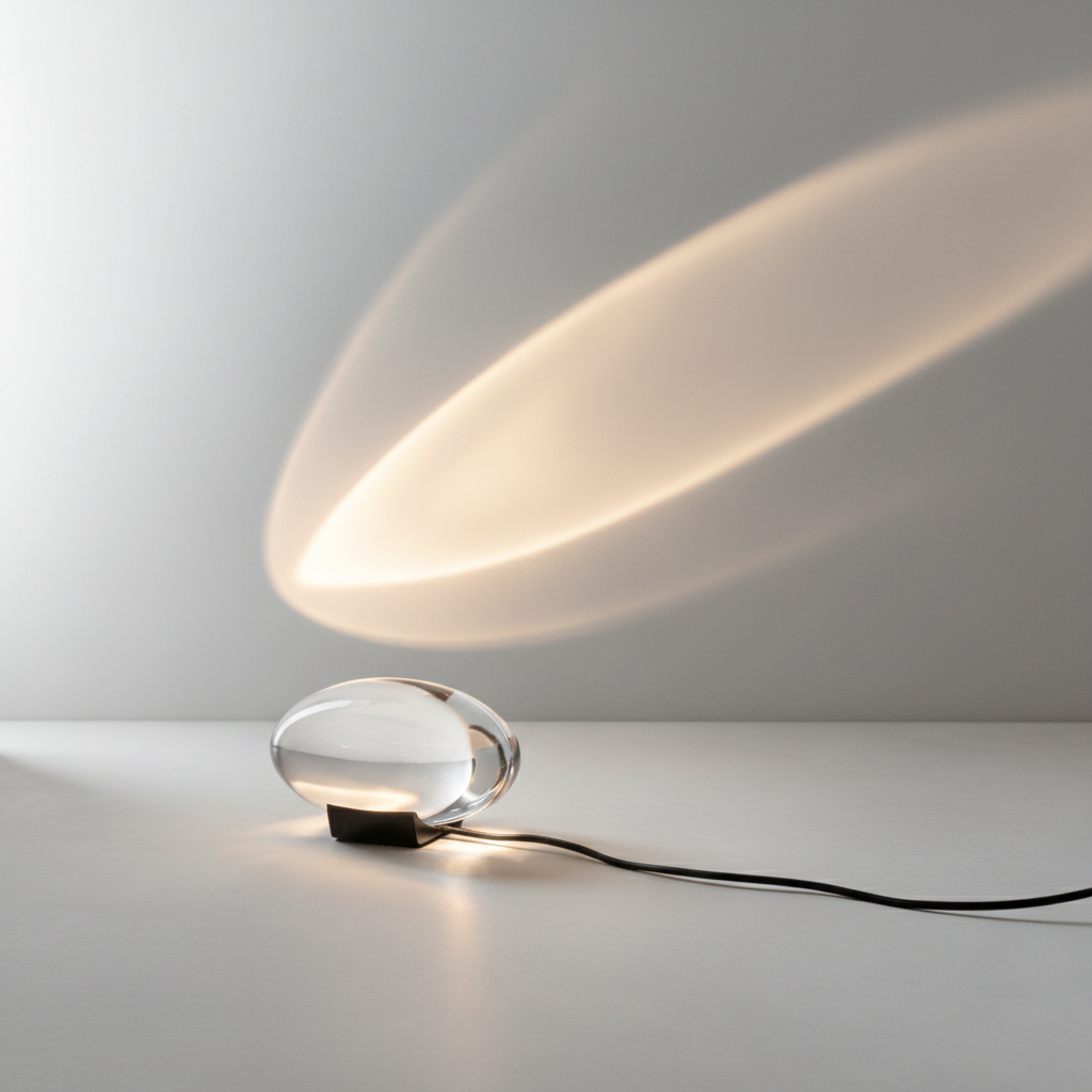 crystal-clear glass Whet Eye table lamp with nickel-plated base on clean white studio background