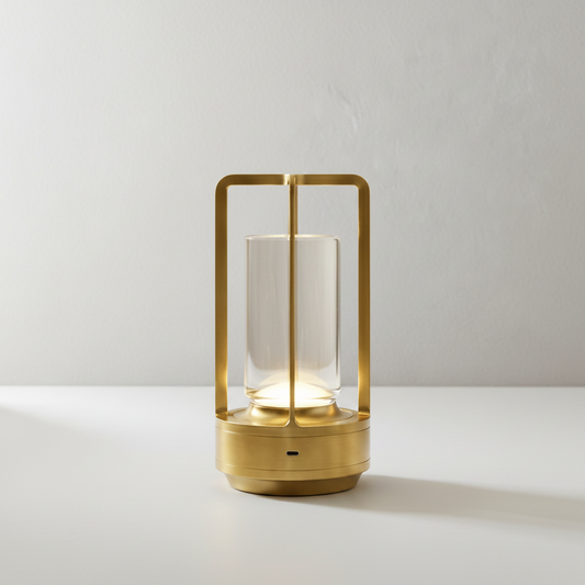 Karmelite Table Lamp studio shot front view showing sleek aluminum open-frame design