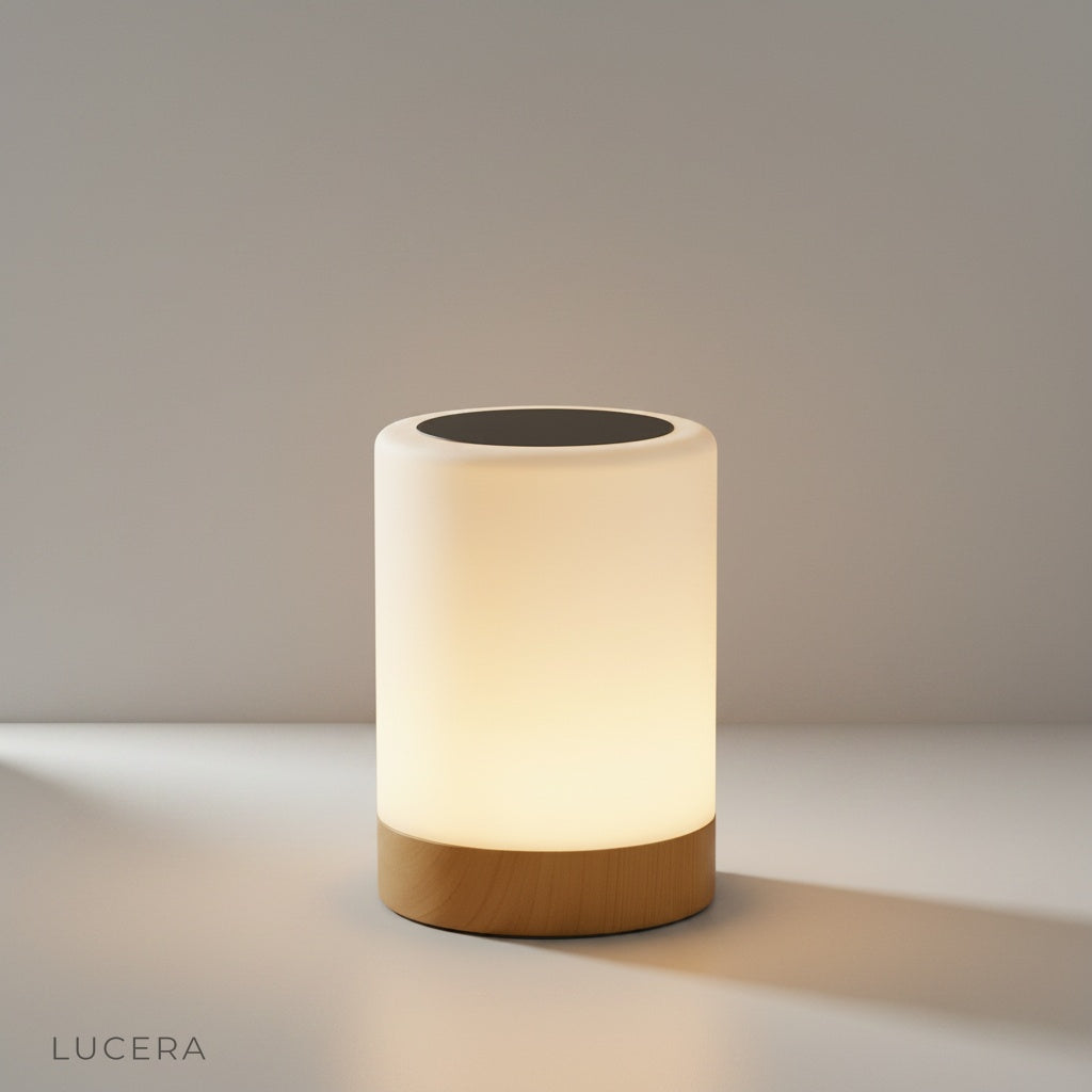 Studio shot of the Janus Table Lamp with a sleek cylindrical shade and compact base
