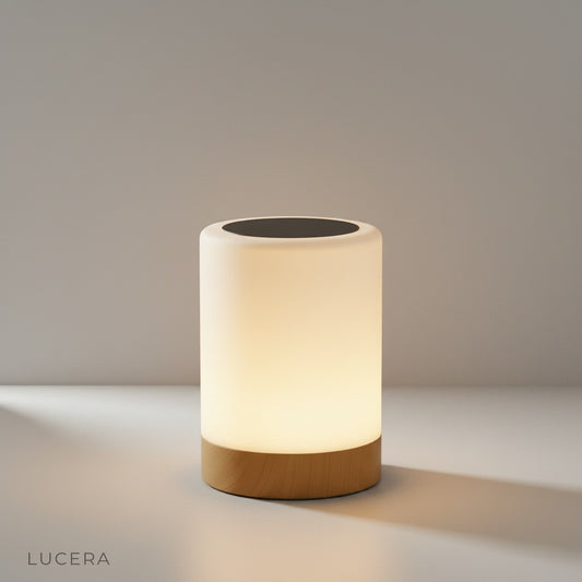 Studio shot of the Janus Table Lamp with a sleek cylindrical shade and compact base