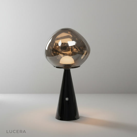 studio shot of Harlan Table Lamp with conical stainless steel base