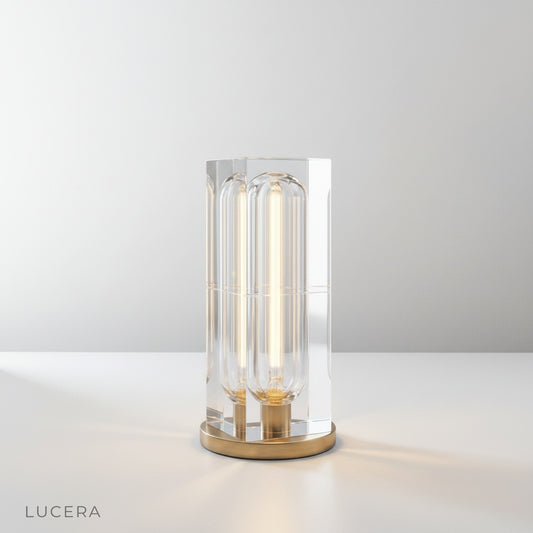 Quarry Table Lamp studio shot front view with rectangular crystal shade and copper base