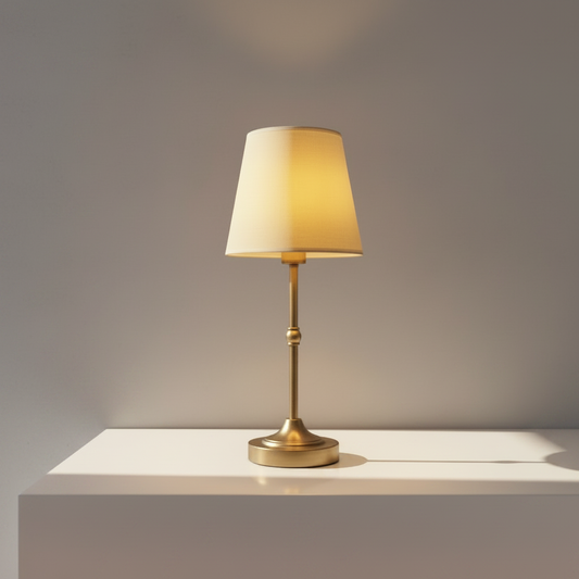 studio shot of Therese Table Lamp with white fabric shade on neutral background