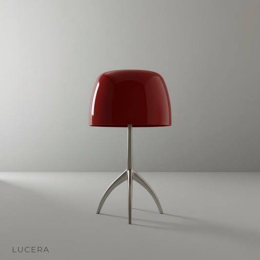 Albescent Table Lamp studio shot front view with polished blown glass shade and metal tripod base