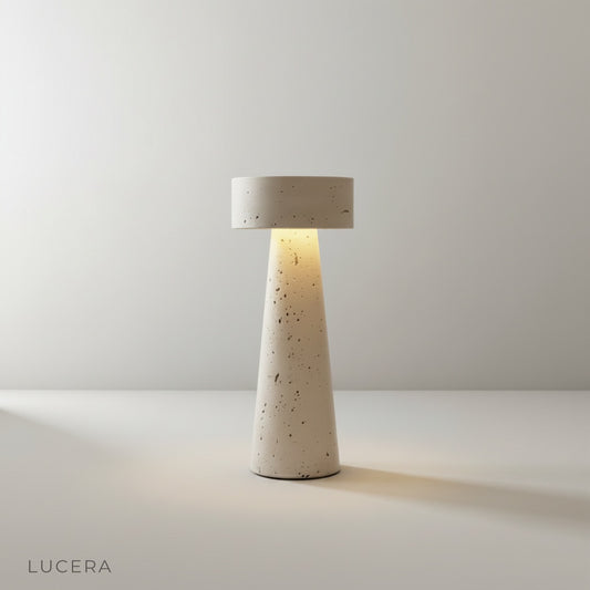 Natural yellow travertine table lamp with tapered conical base on clean white studio background
