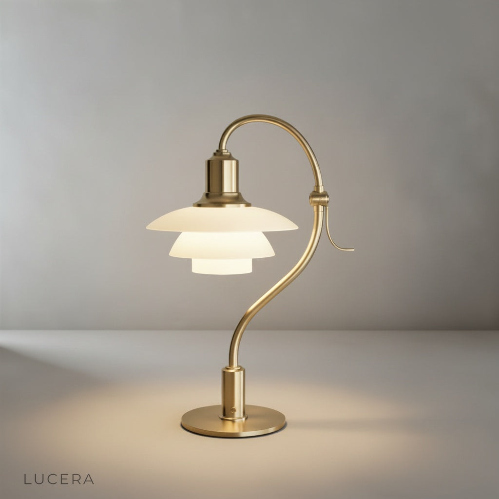 Jardin Table Lamp glowing on modern living room console with curved metallic arm and frosted glass shades