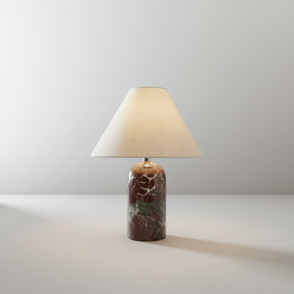 Studio shot of Xerophytic Table Lamp with natural marble base and cream fabric shade