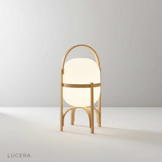Minimalist Aureolin table lamp with handcrafted wood frame and opal glass shade on clean white studio background