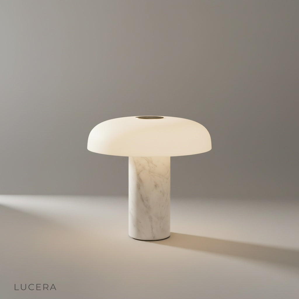 studio shot of Beatrice table lamp on a neutral background showing its cylindrical marble base and iron dome