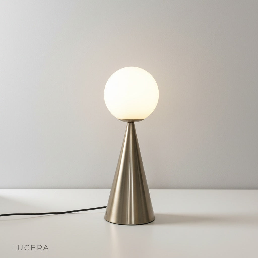 studio shot of hieroglyph table lamp with golden glass cone on white background