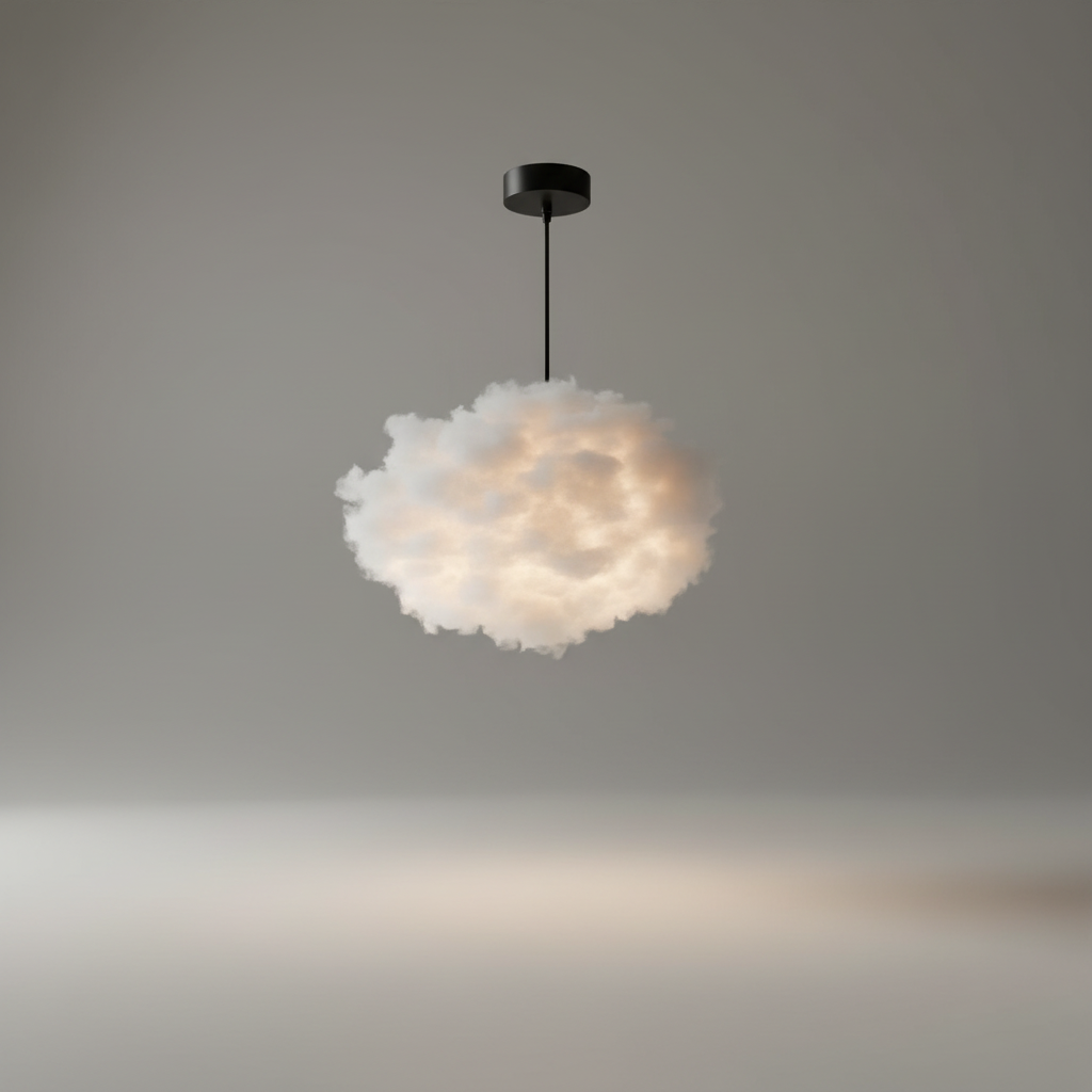 Studio shot of Whimsical Nine pendant light with nine cotton and silk cloud-like shades against a clean white background