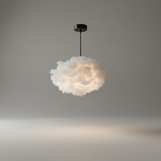 Studio shot of Whimsical Nine pendant light with nine cotton and silk cloud-like shades against a clean white background