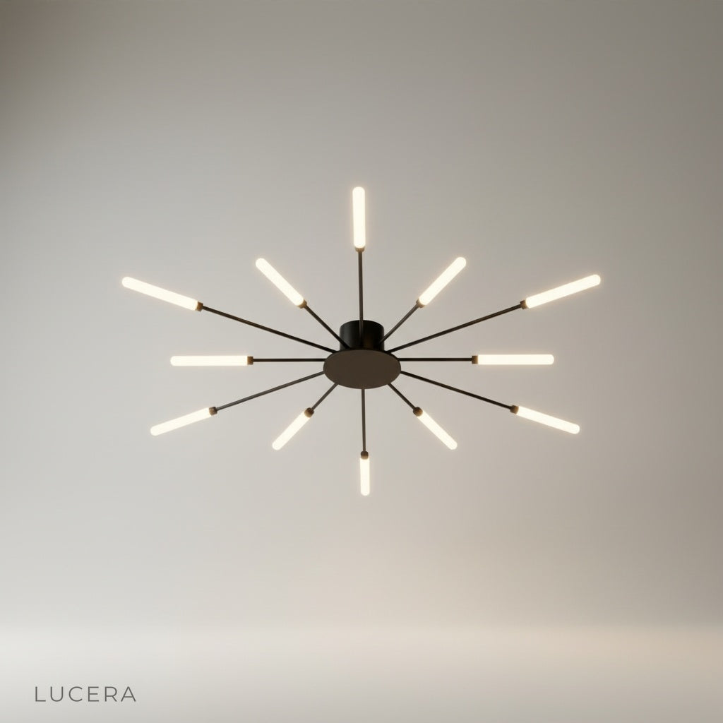 studio shot of Karma chandelier with firework-like LED branches on clean white background