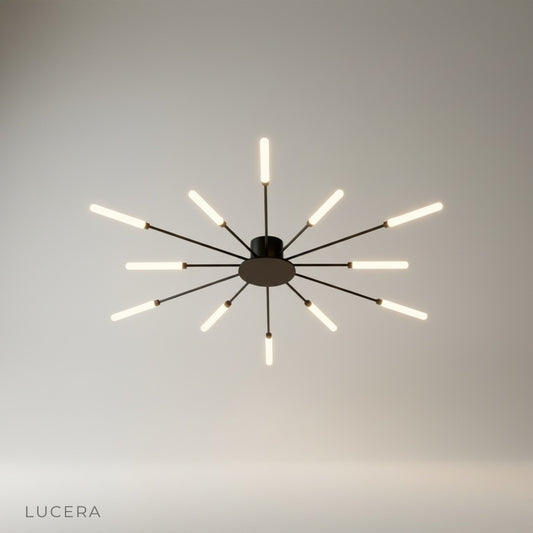 studio shot of Karma chandelier with firework-like LED branches on clean white background