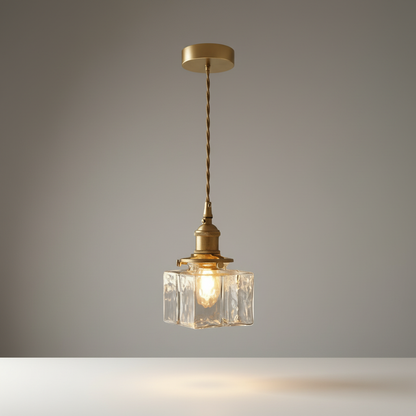 Tucana structured glass cube pendant lamp on clean white studio background