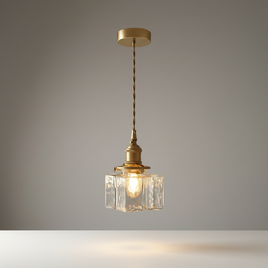 Tucana structured glass cube pendant lamp on clean white studio background