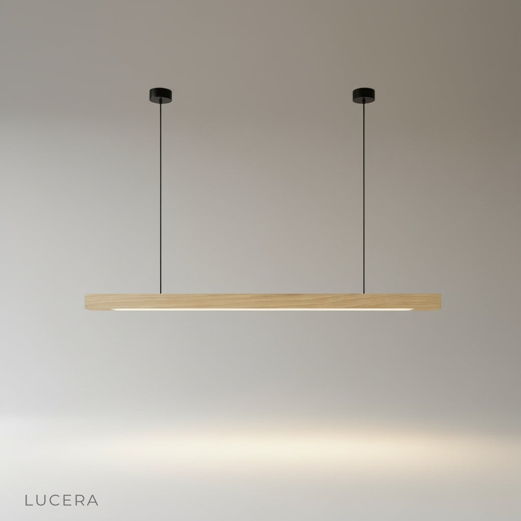 studio shot of Kirsch pendant light with linear wood body and rounded polycarbonate diffuser
