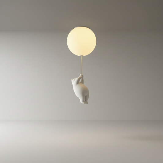 studio shot of white Lintel ceiling light with bear and balloon shade