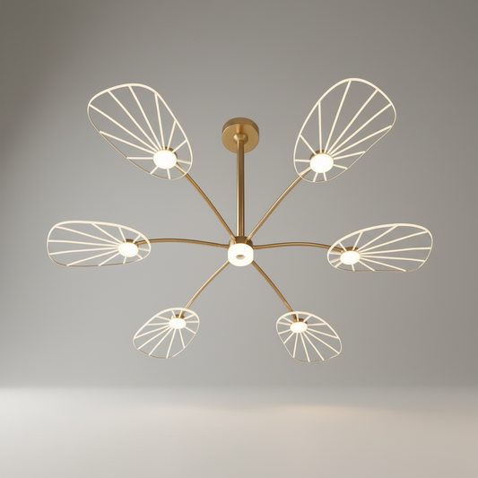 Studio shot of Vespera semi-flush chandelier with iron frame and acrylic lotus lampshades