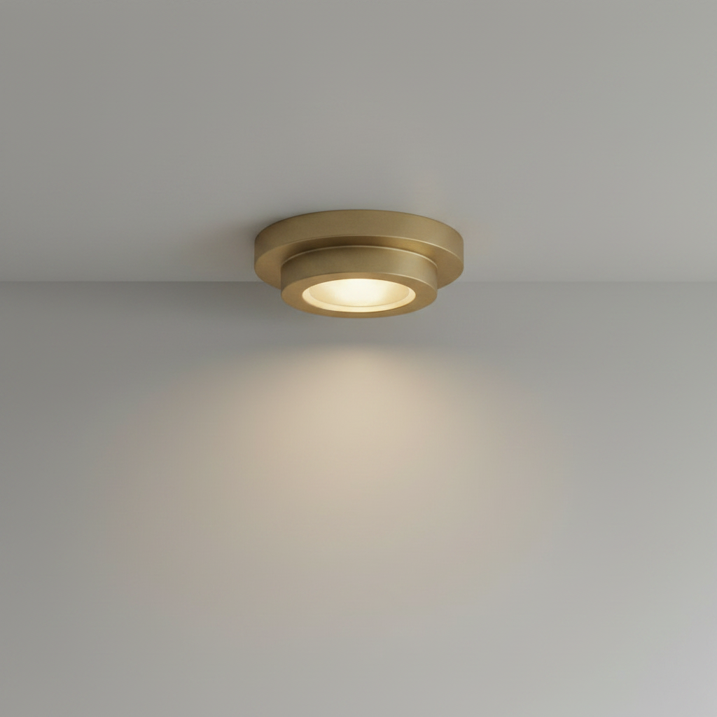Studio shot of cerulean blue brass flush mount ceiling light with molded glass diffuser