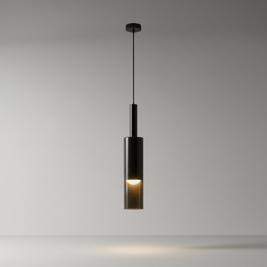 Minimalist black tinted glass pendant light on clean studio background
