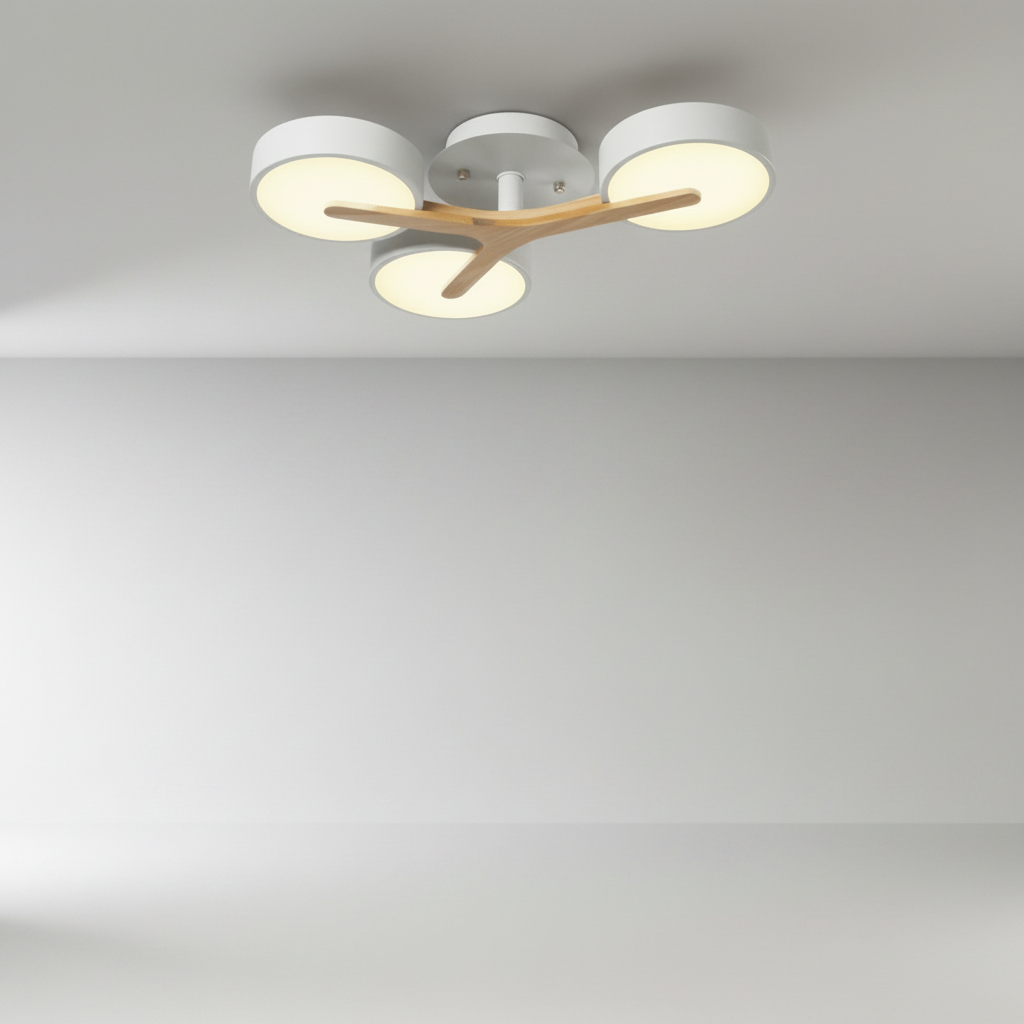 Studio shot of Virescent ceiling light with aluminum frame, wood trim, and acrylic diffuser on clean white background