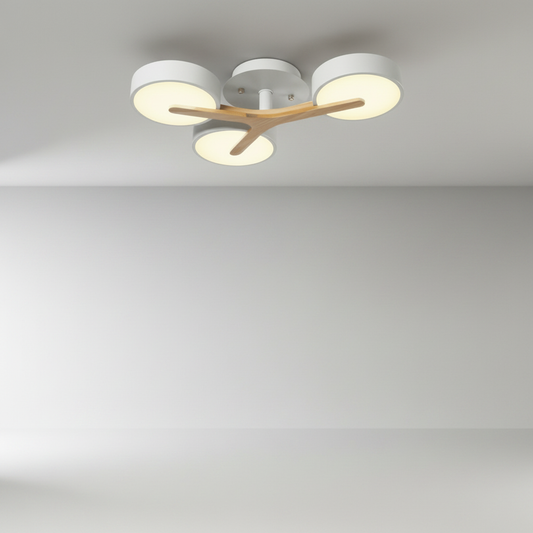 Studio shot of Virescent ceiling light with aluminum frame, wood trim, and acrylic diffuser on clean white background