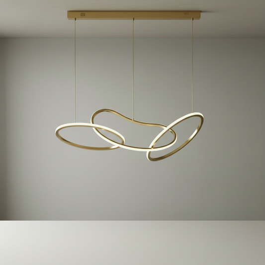 studio shot of Yakitori chandelier with flowing stainless steel loops on clean white background