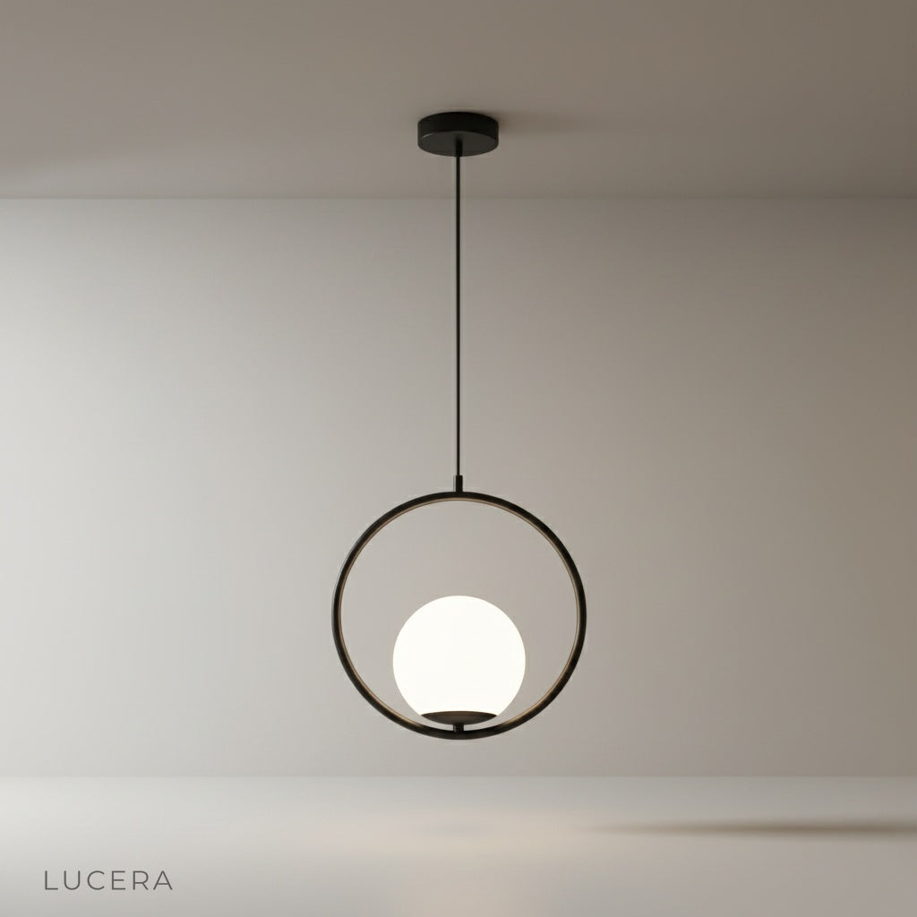 Zigolo pendant light studio shot on clean white background, black iron frame