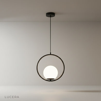 Zigolo pendant light studio shot on clean white background, black iron frame