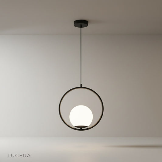 Zigolo pendant light studio shot on clean white background, black iron frame