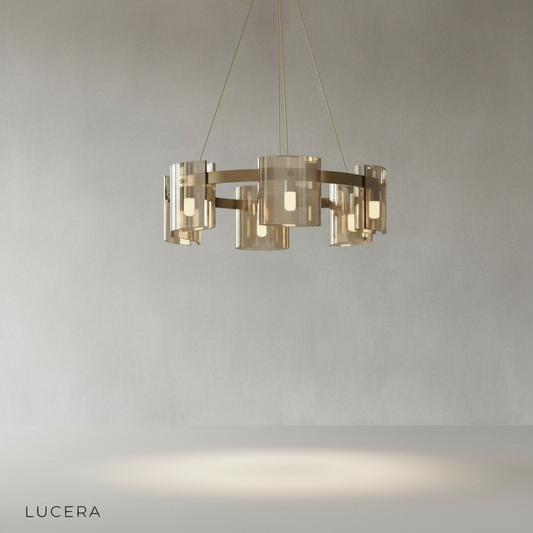 Studio shot of Cardinal Chandelier with sleek ring shape and integrated LED lights